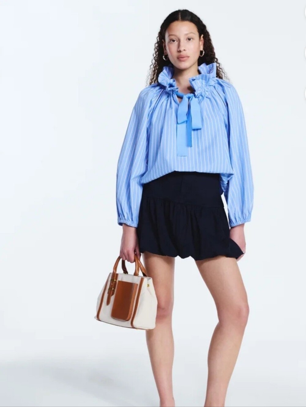 NWT Free Assembly Sz XL Ruffle Tie Neck Cotton Top with Long Puff Sleeves